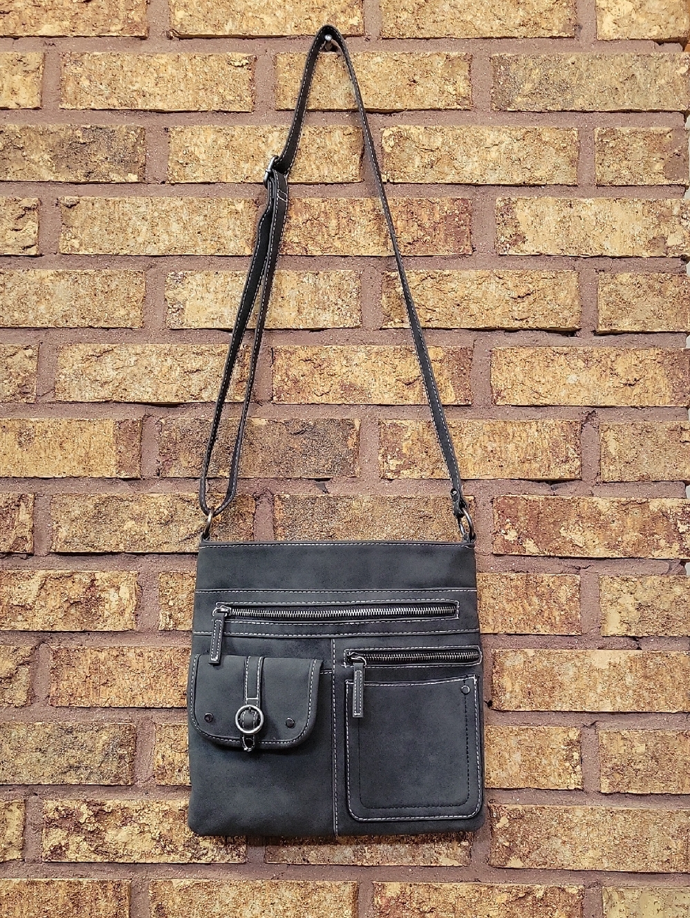 Gray Faux Leather Multi Pocket Crossbody Bag Y2K Utility Organizer Purse